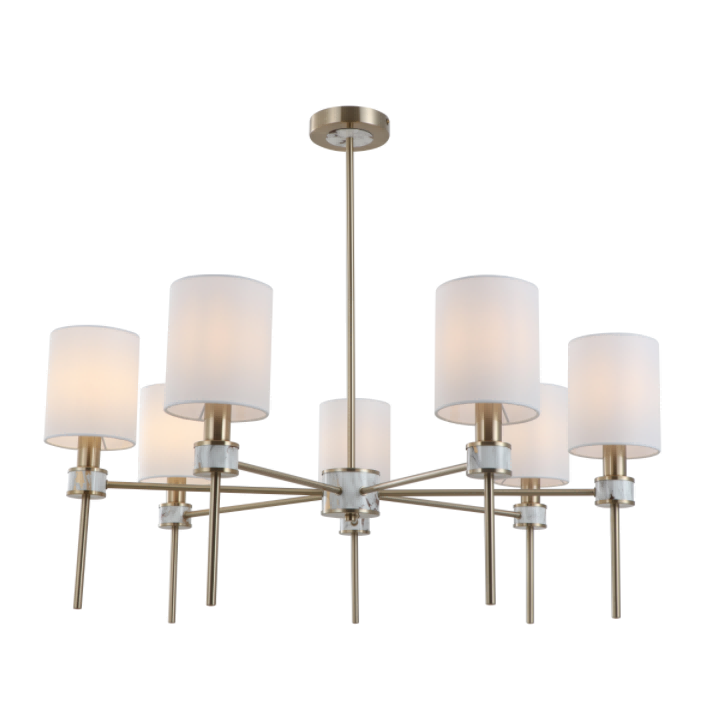 Multi-Lights Off-White Cylindrical Fabric Shade Brass Hanging Chandelier
