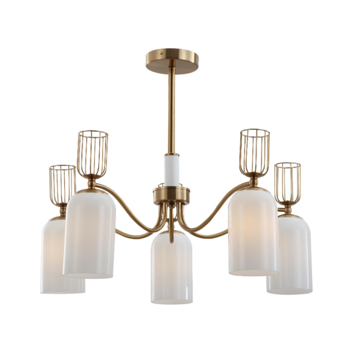 Retro 5 Light Milk White Glass Gold Chandelier