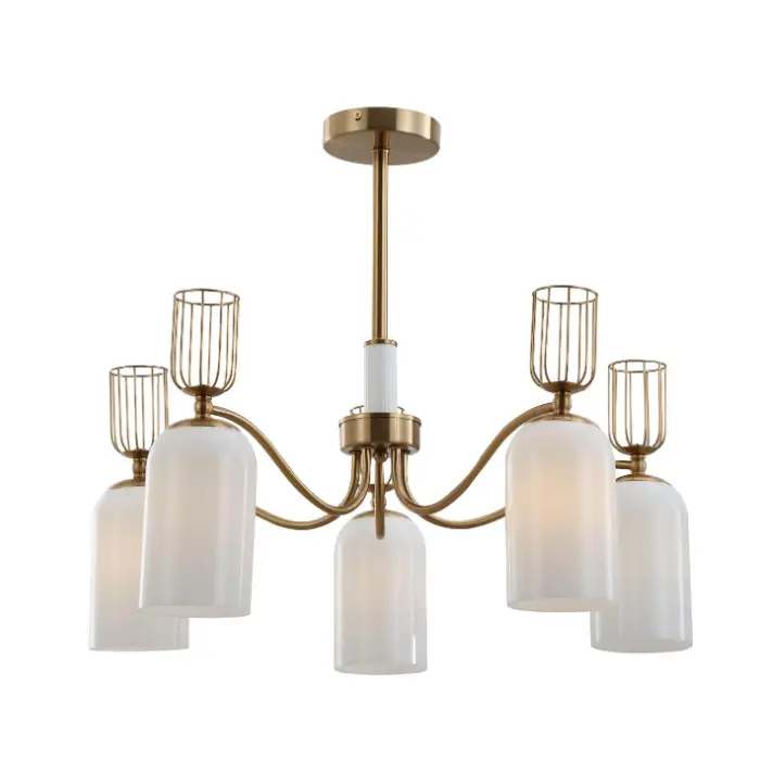 Retro 5 Light Milk White Glass Gold Chandelier