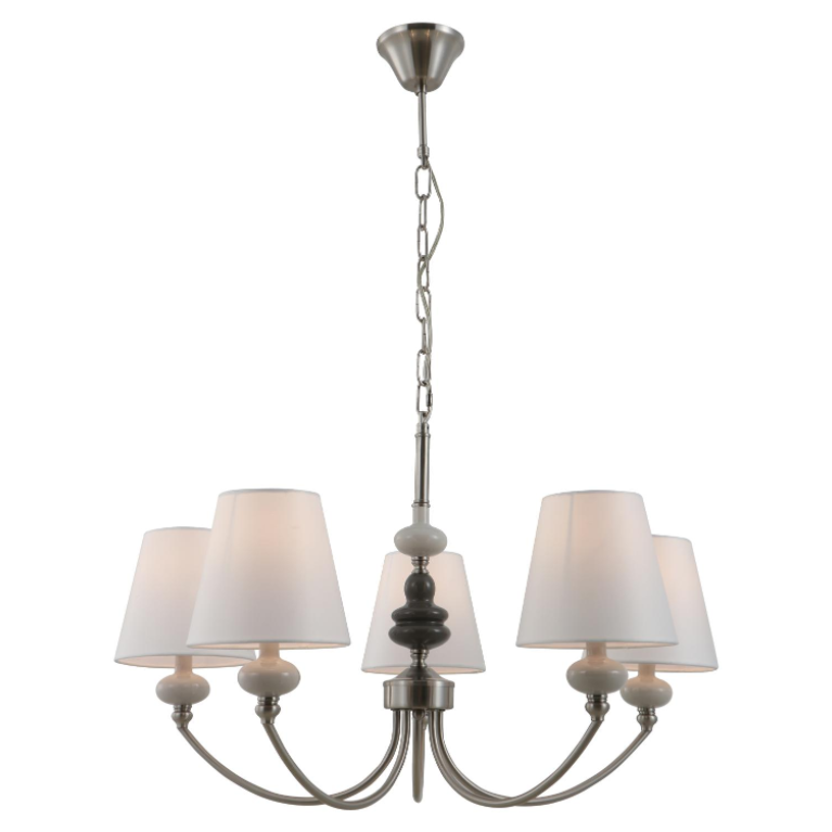 Satin nikel 5-lampu lampu keramik dengan warna kain kerucut putih