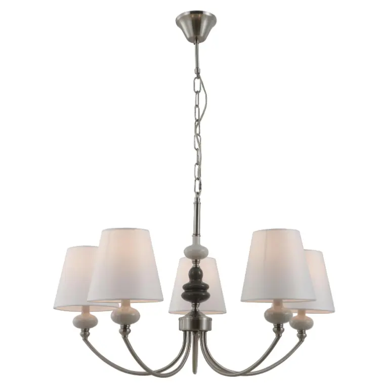 Satin nikel 5-lampu lampu keramik dengan warna kain kerucut putih